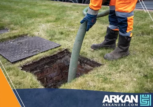 عامل من شركة سحب المجاري راس الخيمة أثناء تنفيذ عملية سحب المجاري باستخدام معدات متخصصة 