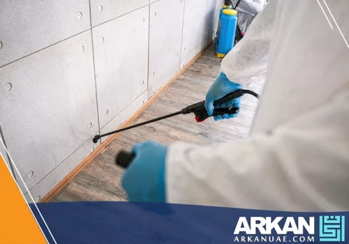 فني شركة أركان التطوير يعالج أماكن تجمع الحشرات حول النوافذ والحدائق في رأس الخيمة.
