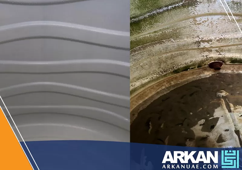 تنظيف خزان الماء بالشارقة 0527514348 أركان التطوير الصورة توضح خزان قبل وبعد التنظيف، حيث يظهر الفرق بين الرواسب والسطح النظيف الخالي من أي تراكمات.