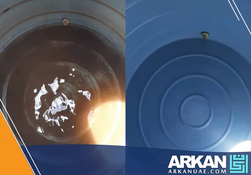 تنظيف وتعقيم خزانات المياه بالشارقة 0527514348 أركان التطوير خزان مياه قبل وبعد تنظيف شركة أركان التطوير، حيث نضمن لك مياه نقية وآمنة دائمًا.